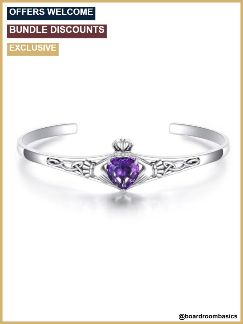 Sterling Silver Claddagh Cuff Bracelet Heart Amethyst Adjustable Women